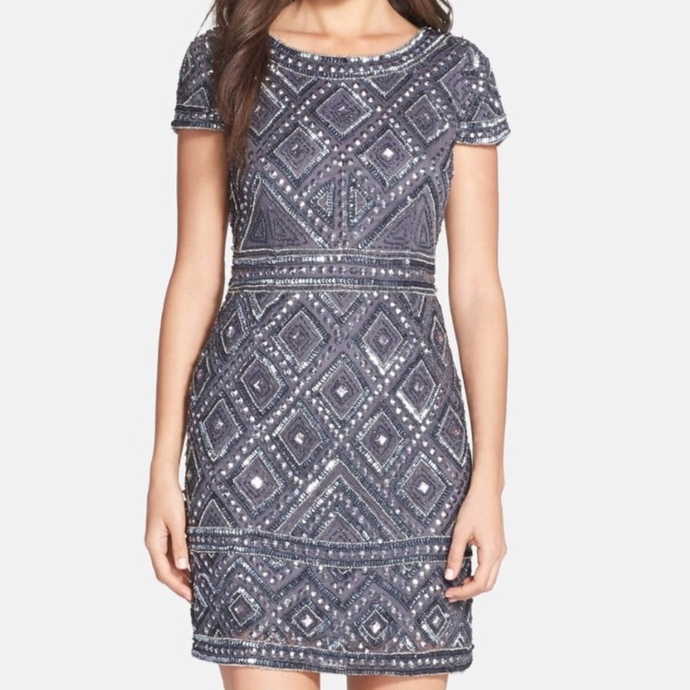 “Adrianna Papell” Cap Sleeve Geo Bead Sheath Dress